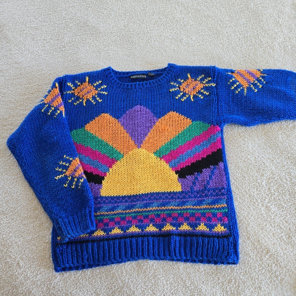 Uno & Una Hand-knit Sun‎ Sweater 90s Vibes Retro Sun Vintage Women's Sz L